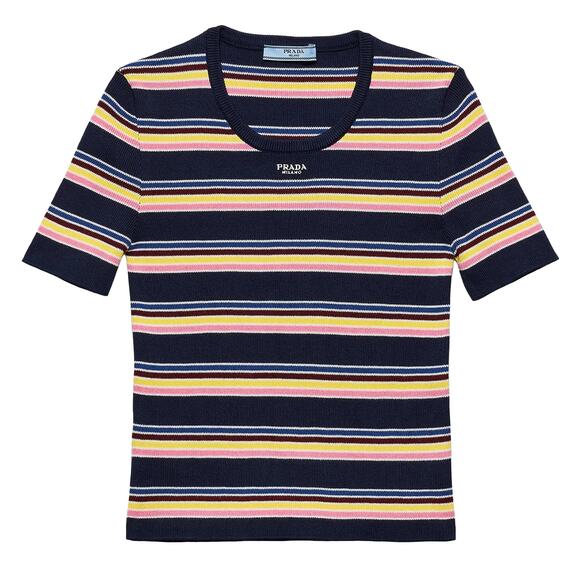 NEW $1290 Prada Ribbed Cotton Crewneck Striped Short Sleeve Sweater sz 38 / XS - Picture 1 of 12